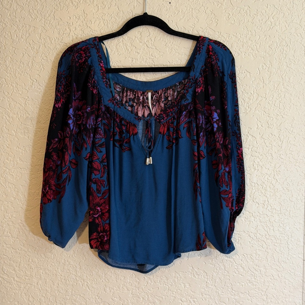 Free People Wild Memories Peasant Blouse in‎ Dark Turquoise Size Small Light - Picture 4 of 10